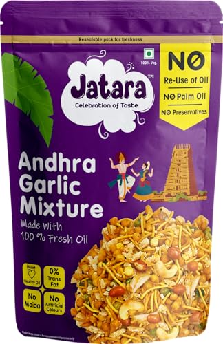 Jatara Andhra Garlic Mixture, Authentic Andhra Style Spicy Namkeen Snack, Crunchy and Flavorful, 210g