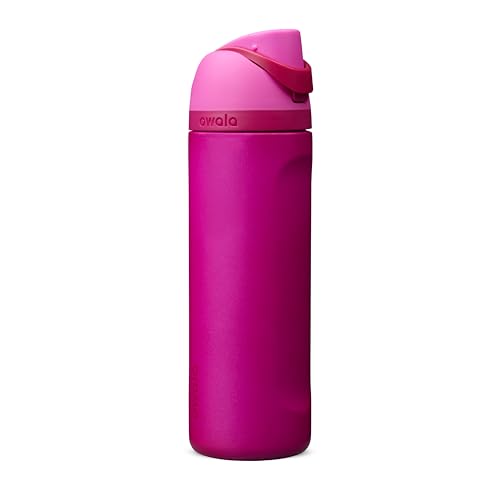 Owala Garrafa de água térmica FreeSip de aço inoxidável com canudo, garrafa de água esportiva sem BPA, ótima para viagens, 709 ml, Read My Lips (rosa choque)