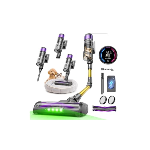 (-22%) Ultenic Akku Staubsauger,55KPA/600W/60Mins Staubsauger Kabellos mit 180° klappbarem Rohr, 1,5L Großer Staubbecher, Anti-Tangle-Bürste, GreenEye-Technologie,Licht für Hartböden Teppiche Tierhaare