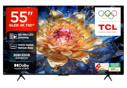 TCL 139 cm (55 Inches) 4K UHD Smart QLED Google TV | QD-Mini LED Dimming | 144Hz Refresh Rate | 3GB RAM | 55T8