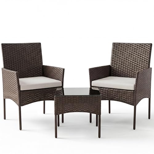Sweetcrispy 3 Piece Patio Furniture Set, All-Weather Outdoor Conversation Set with Removable Cushions & Tempered Glass T
