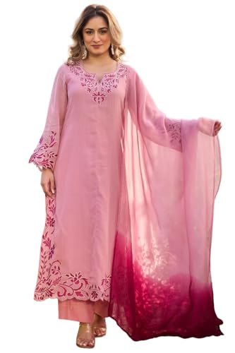 Kurta Sets for Women Viscose Embroidered | Kurti Set for Woman | Straight Kurta Palazzo Dupatta Set | 3 Piece Set Women | Round Neck V-Slit Full Sleev