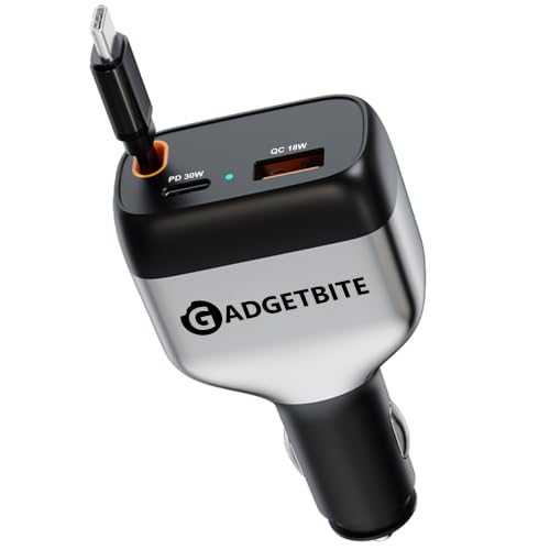 GadgetBite EON 84W Fast Car Charger with Dual Type-C PD 30W & 33W, USB-A 18W Output, Multi-Port Charger with Built-in Cable 0.85m, Universal Compatibi