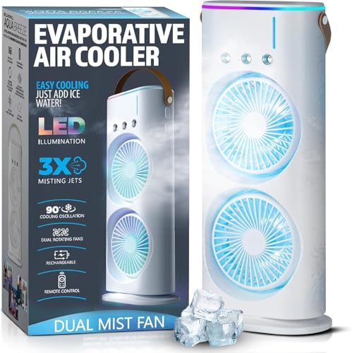 TEKCOOL Double Ended Spray Fan, Cold Air, 2025 New 3 Gears USB Rechargeable Oscillating one with LED Light Cooler, Touch & Remote Control, 280ml Water