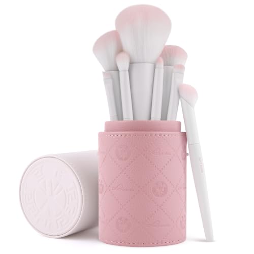 🔥 STARKER PREIS (-39%) Make-up Pinselset 9-teilig | 8 vegane Pinsel + Leder-Köcher | Für Foundation, Puder & Augen-Make-up | Ultraweiche Nurai®-Fasern | Soft Aura | Rosa Weiß | LUVIA