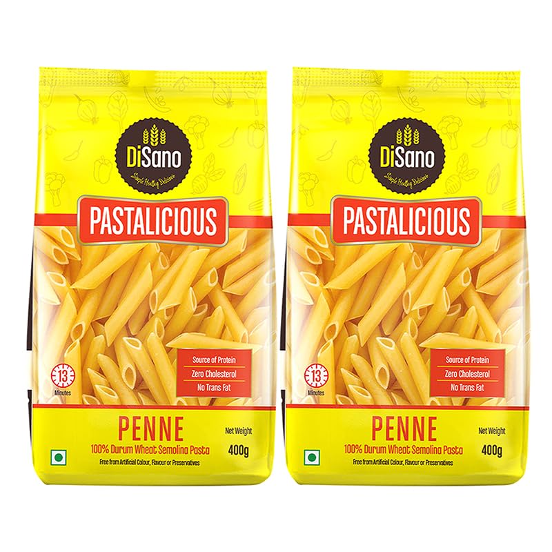 DiSano Penne Pasta 400 gm (Pack of 2), Healthy Pasta, Made with 100% Durum Wheat Semolina, 100% Suji, No Maida, Source of Protein & Fibre, Non-Sticky