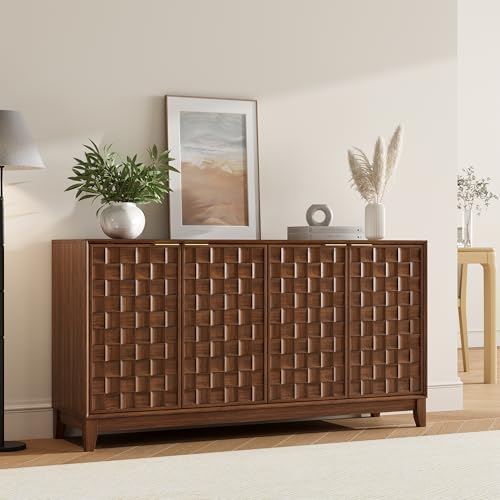 🔥 STARKER PREIS 30,00€ Coupon! COLAMY Sideboard 150 cm Holz mit Stauraum – Modernes Sideboard für Wohnzimmer, Küchenschrank mit verstellbaren Einlegeböden, Buffet Schrank mit 3D Holzfront, Walnut