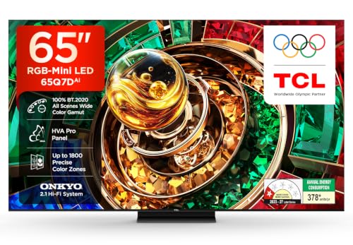 TCL 164 cm (65 inches) 4K UHD RGB-MiniLED Google TV | 144Hz Refresh Rate | 3GB RAM | 46W Onkyo 2.1ch Speakers | Upto HDR 2000nits | 65Q7D TCL 164 cm (