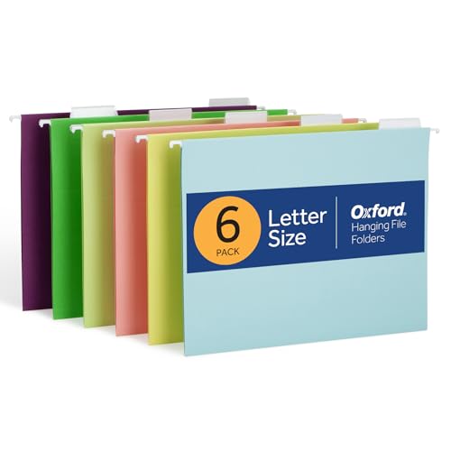 Oxford Hanging File Folders, 6 Pack, Letter Size (8.5" x 11"), 6 Assorted Colors, 5 Tab Positions, Includes Tabs and Inserts, Hanging Files for Office and Document Organization