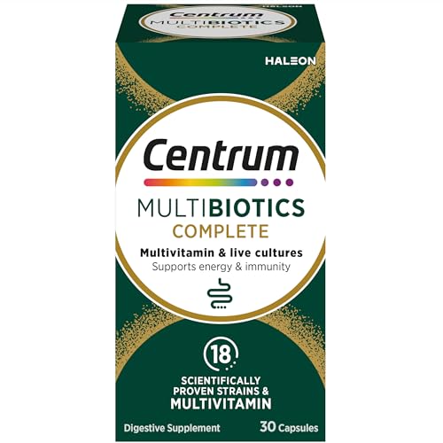 Centrum Multibiotics Complete Capsules, probiotic 18 Live Culture strains with multivitamin, 18 Essential Vitamins and Minerals Including Vitamin D, B12, Zinc and Iodine, 30 Capsules