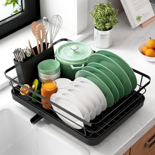 HomeWiz Dish Drying Rack | 3 in 1 Heavy-Duty Dish Drainer Basket with Drain Tray & Built-in Cutlery Holder | Utensils Drying Rack | Bartan Stand | Kit