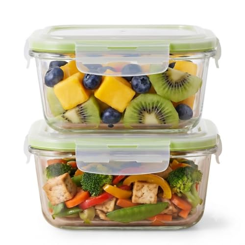 Square Borosilicate Glass Containers with Lids, 800 ml Each, Set of 2 | 100% Food-Safe, Airtight & Leakproof | Microwave, Freezer & Dishwasher Safe fo