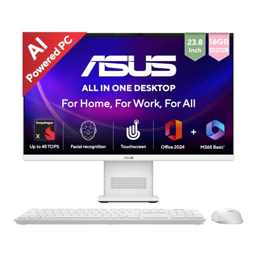 ASUS AiO VM441 (2026), Copilot+PC,Snapdragon X,16GB/512GB,FHD,Touch Screen,23.8"(60.45cm),Win 11,M365 Basic(1Y),Office 24,White,5.47 kg,VM441QA-TWAP00