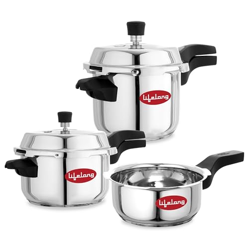 Stainless Steel Pressure Cooker | Set of 3 | 2L, 3L & 5L | Induction & Gas Stove Compatible with Outer Lid, ISI Certified & Lock System |Safe & Durabl