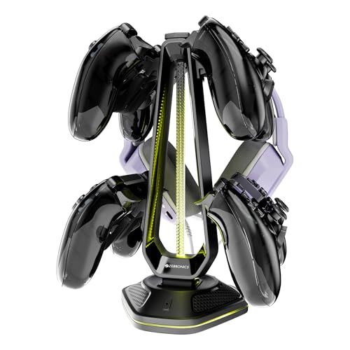 Zebronics PS5S Quad Gaming Controller Stand with Headphone Hanger, Supports PS5, PS4, Xbox & Switch Controllers, 12 Dual Zone RGB Lighting, Dual USB H