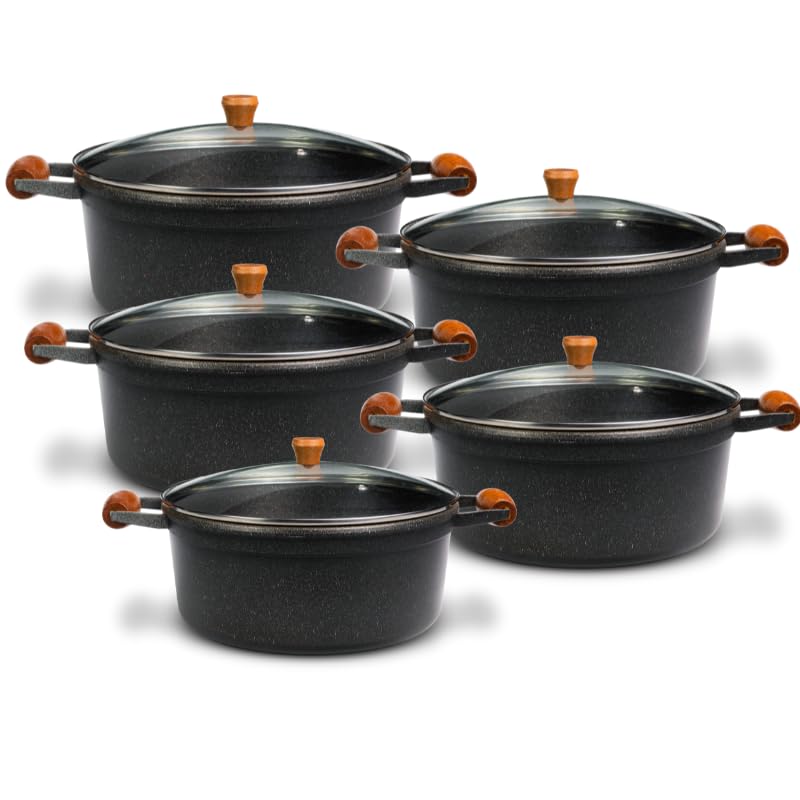 CAVA Conjunto de Panelas Antiaderente de Alta Durabilidade, Alumínio Fundido, Cabos de Madeira, Tampas de Vidro, Preto