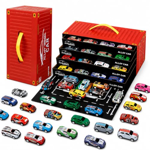 MiniExplorer 48 Pcs Pull Back Cars Set for Kids | Racing Toy Cars Bulk Pack with Storage Container & Play Mat | Mini Alloy Vehicle Set for Boys & Girl