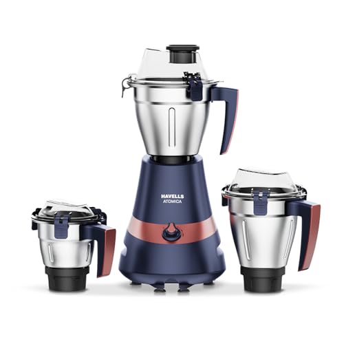 Havells Atomica 1000W 3 Jar Mixer Grinder | 3 Speed | Air Vent Tech | Stainless steel blade | Dark Blue and Brown color Havells Atomica 1000W 3 Jar Mixer Grinder | 3 Speed | Air Vent Tech | Stainless steel blade | Dark Blue and Brown color