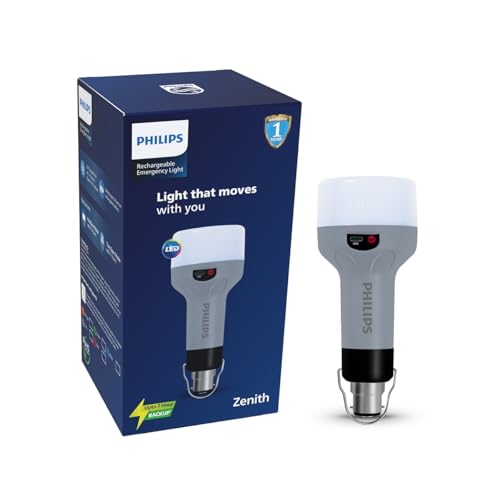 Zenith 9W Portable Emergency Torch Light | LED Bulb, B22 Base | Up to 7 Hours Backup, Type-C & AC Charging, Lithium-Ion Battery, Includes Hanging Hook