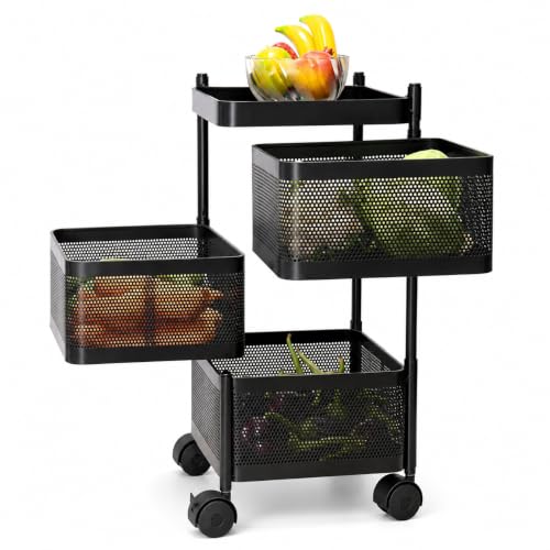 3 Layer Kitchen Trolley with Wheels | 360° Rotating Metal Storage Rack for Vegetables, Fruits, Onion & Spices | Square Multipurpose Kitchen Organizer 