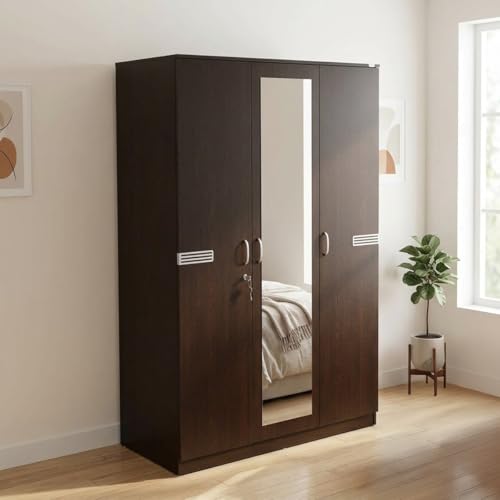 Riva 3 Door Wooden Wardrobe with Mirror for Bedroom | Almirah with 7 Shelves, 2 Hanging Rods, 1 Lockable Drawer | Clothes Cupboard | Engineered Wood |