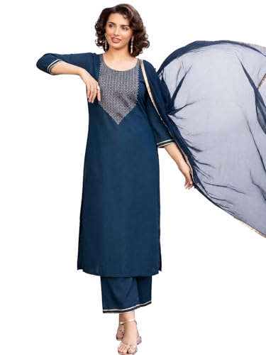 ANNI Designer Women's Ruby Cotton Embroidered Straight Solid Kurta with Palazzo and Dupatta Set | Elegant Ethnic Kurta Set for Women | Comfortable Tra