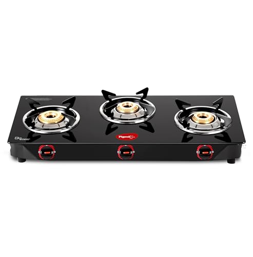Pigeon Ignia 3 Burner Gas Stove | Brass Burner | Easy Cleaning | Toughened Glass | 2 year Warranty
