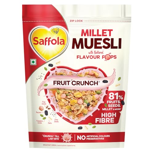 Saffola Millet Muesli with Crunchy Flavour Pops & High Fibre | 650g | Fruit Crunch | 81% Fruits, Seeds & More | Power of Millet | Goodness of 5: Prote