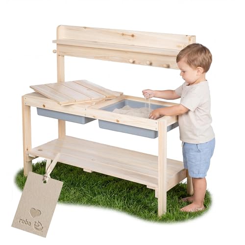 🔥 STARKER PREIS (-42%) roba Kinder Outdoor+ Gartenküche Fun – Matschküche aus Massivholz mit 2 Kunststoffwannen & Abdeckungen – für Sand & Wasser – Natur