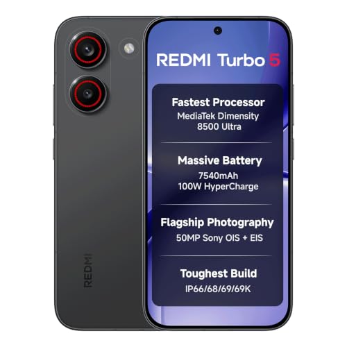 REDMI Turbo 5 (8GB + 256GB) Asphalt Black | Dimensity 8500 Ultra | Mega 7540mAh Battery | 100W HyperCharge | Compact 16.75cm(