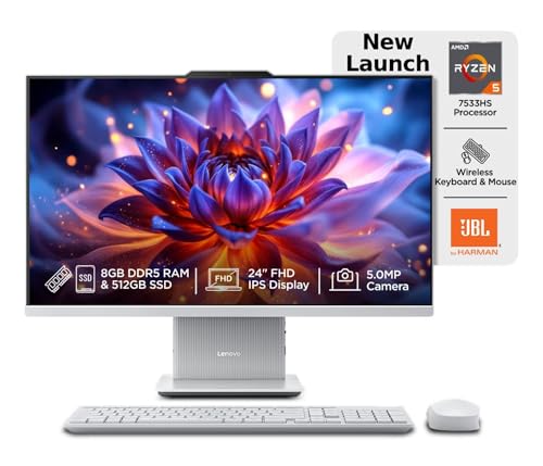 Lenovo IdeaCentre AIO Ryzen 5 7533HS 23.8" FHD IPS All-in-One Desktop (8GB RAM/512GB SSD/Win11/Microsoft 365 Basic + Office 2024/3Wx2 Speakers/5MP+IR