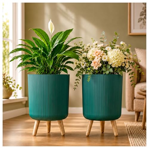 Eightiz Store Modern Green Flower Pot with Plastic Legs | Indoor Outdoor Planter for Home Garden Balcony Decor Ribbed Design Sturdy Plastic Mid-Centur