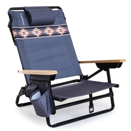 WOVN Cadeiras de praia reclináveis premium – Cadeira de praia dobrável portátil para adultos – Inclui alça de mochila de ombro, travesseiro, 2 bolsos e suporte de copo – Mesa