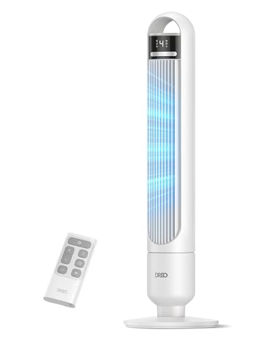DREO Ventilador de torre para quarto, ventilador de suporte oscilante a 90° para sala com 4 níveis de velocidade, 3 modos, 28dB silencioso para dormir, velocidade 7,9 m/s, temporizador 8h, controle