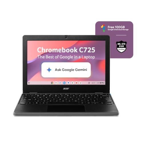 Acer Chromebook, MediaTek Kompanio 540 Octa-Core Processor, 4GB RAM, 64GB eMMC, Full HD, 11.6"/27.94cm Display, Chrome OS, Black, 1.2 KG, C725, Arm Ma