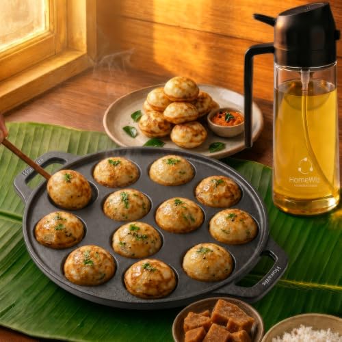HomeWiz Cast Iron Appe Pan 12 Cavity 26 cm | Free Oil Dispenser 500ml | Pre-Seasoned Appe Maker for Appam, Paniyaram & Appe | Non Stick Appam Pan | Na