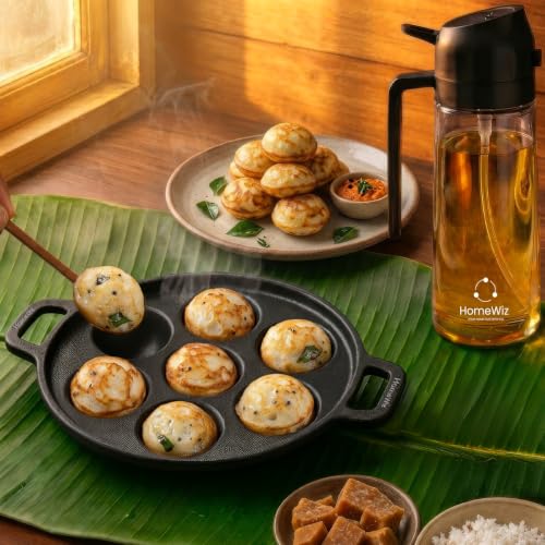HomeWiz Cast Iron Appe Pan 7 Cavity 18 cm | Free Oil Dispenser 500ml | Pre-Seasoned Appe Maker for Appam, Paniyaram & Appe | Non Stick Appam Pan | Nat