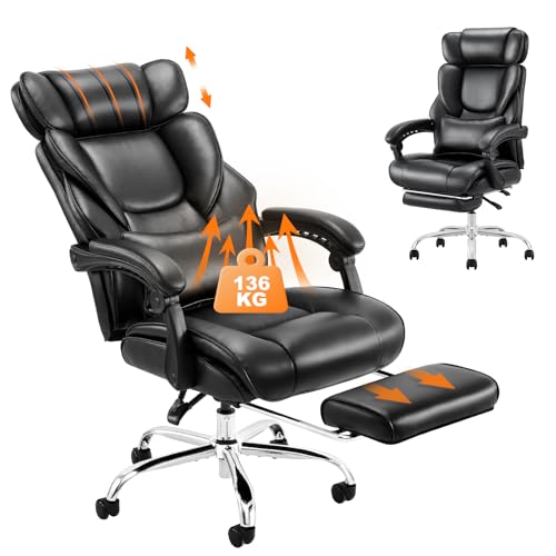 (-14%) COLAMY Bürostuhl Leder mit Fußstütze, Ergonomischer Chefsessel für Homeoffice – Hohe Rückenlehne, 90–135° Neigefunktion, Gepolsterte Armlehnen, Office Chair mit Lendenkissen, Schwarz