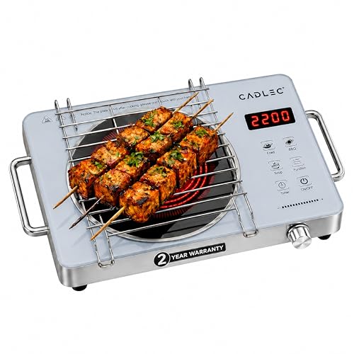 Cadlec HeatBlaze 2200W Infrared Cooktop Stove with Grill Rack for Barbecue, Crystal Glass Plate, Digital Display, Touch Control, Infrared Hot Plate (S