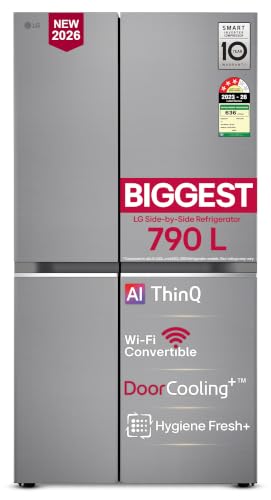 LG Smart Choice 790 L, 3 Star, Frost-Free, Double Door, Wi-Fi Convertible, Smart Inverter, Side By Side Refrigerator with AI ThinQ (GL-B277GPZ3, Shiny