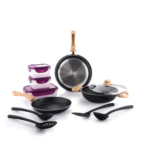 Crystal Aluminum 11 Pcs Non Stick Cookware Set with Induction Bottom | Tawa, Fry Pan, Kadhai with Lid, 4 Serving Spoons, 3 Containers | 4 Layer Non St