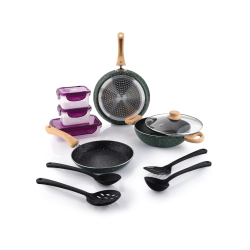 Crystal Aluminum 11 Pcs Non Stick Cookware Set with Induction Bottom | Tawa, Fry Pan, Kadhai with Lid, 4 Serving Spoons, 3 Containers | 4 Layer Non St