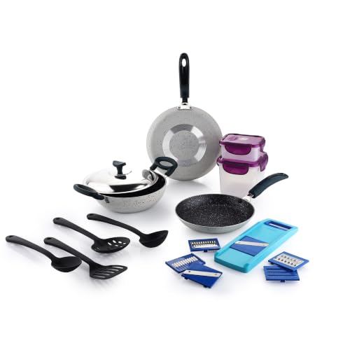 Crystal 11 Pcs Non Stick Cookware Set with Storage Containers | Gas Stove Friendly | Tawa, Fry Pan, Kadhai with Lid, 4 Serving Spoons, 2 Containers & 