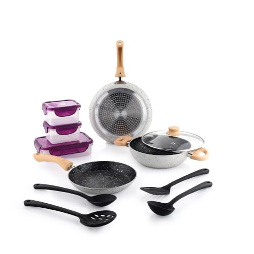 Aluminum 11 Pcs Non Stick Cookware Set with Induction Bottom | Tawa, Fry Pan, Kadhai with Lid, 4 Serving Spoons, 3 Containers | 4 Layer Non Stick Coat