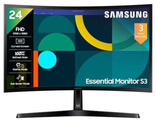Samsung 24" Curved Monitor|1800R Curved Screen|100Hz|4ms|SRGB 95%|Ports-HDMI,D-Sub,Headphone|Game Mode|EyeSaver Mode|16.7M Color Support|Flicker Free|