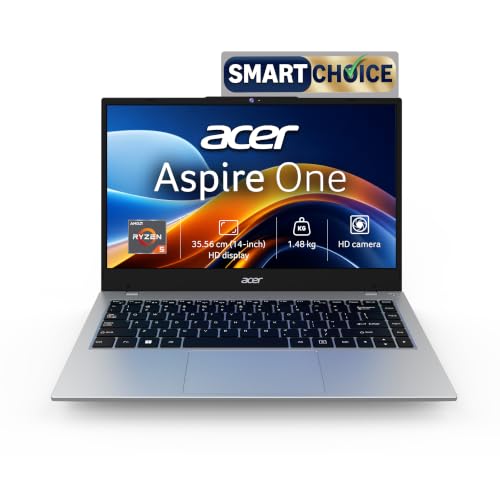 Acer Smartchoice Aspire One, AMD Ryzen 5-40, 8GB LPDDR5 RAM/ 512GB SSD, 14.0"/35.56cm WXGA Display, Win 11 Home, Pure Silver, 1.48KG, A114-43, Thin an