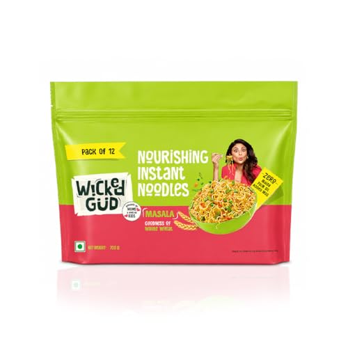 Wickedgud Whole Wheat Masala Noodles Jumbo Pack, No Maida, No Palm Oil, No MSG | 720 g (Pack of 12, 60 g each)