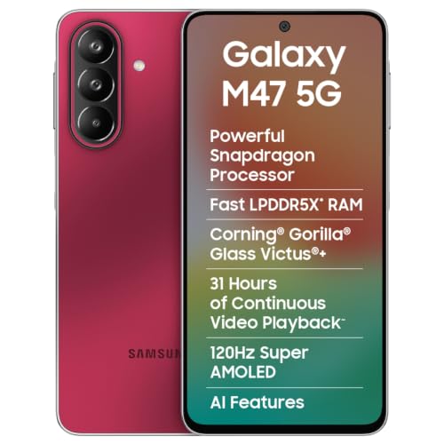 Samsung Galaxy M47 5G Mobile (Rogue Red, 6GB RAM, 128GB Storage, 6000mAh Battery)| 50MP OIS| Snapdragon Processor| LPDDR5X RAM,UFS 3.1 Storage| Gorill