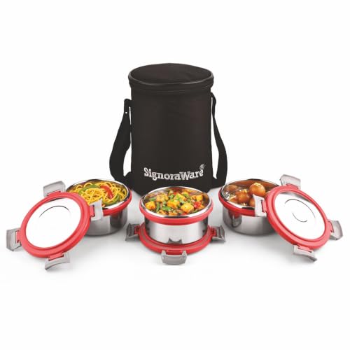 Signoraware Meal Mate Steel Small Lunch Box+Bag (350mlx3, Red) Signoraware Meal Mate Steel Small Lunch Box+Bag (350mlx3, Red)