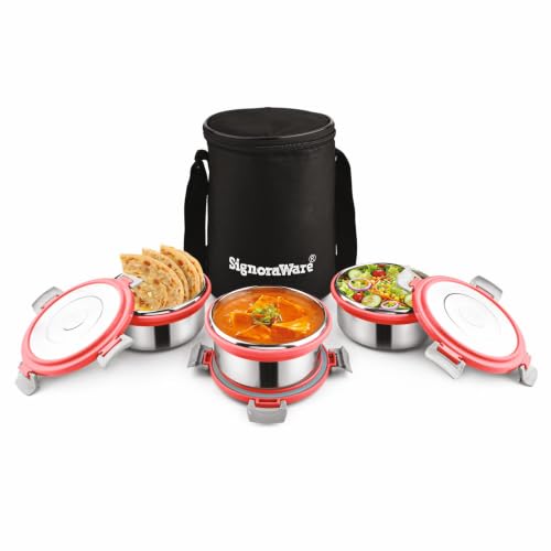 Signoraware Meal Mate Stainless Steel Big Lunch Box with Bag (450mlx3, Red)